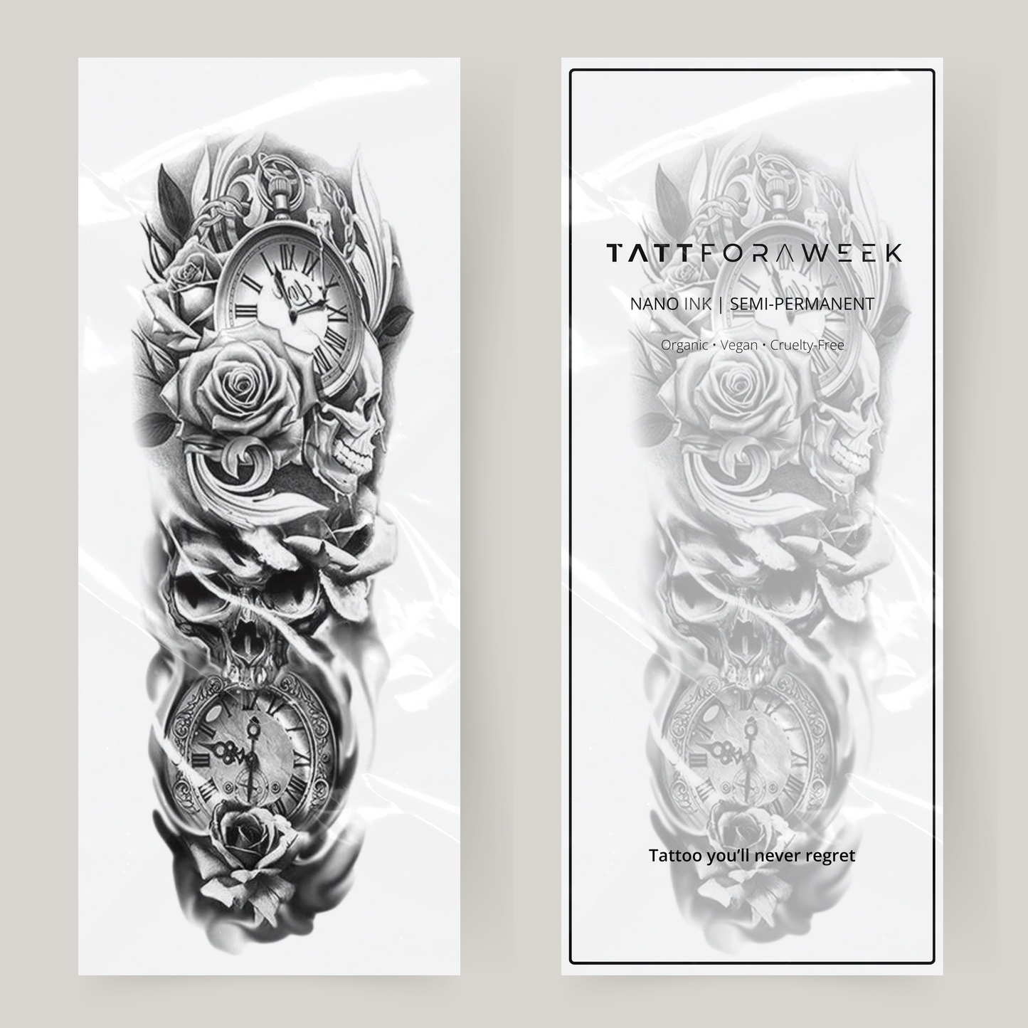 Falska tatueringsärmar rosor, dödskallar & klockor