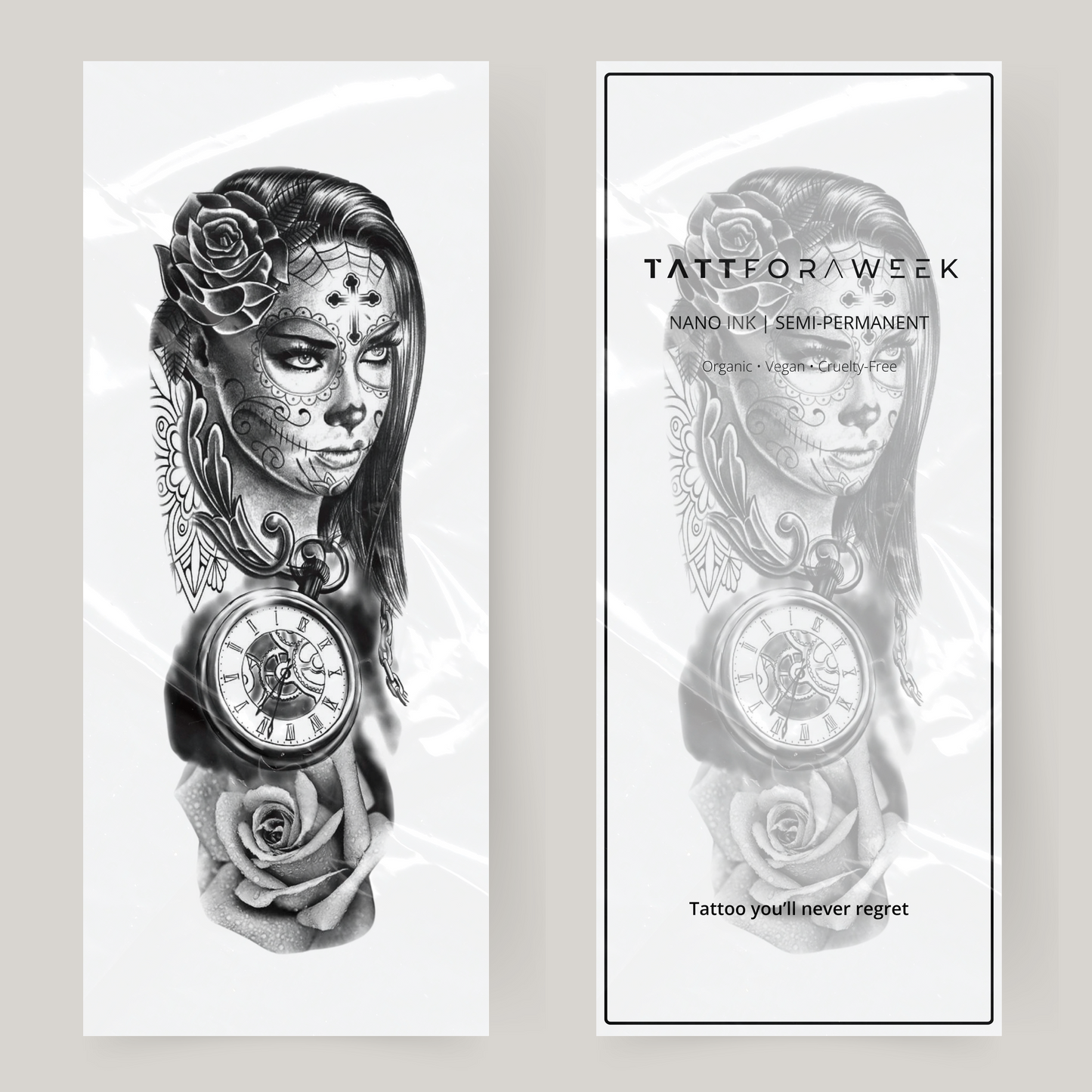 Mulher com manga de tatuagem falsa e relógio