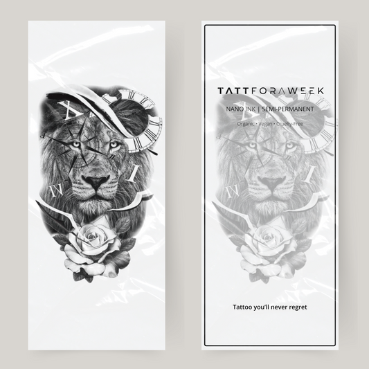 Stort falsk tatoveringskompas, rose og løve