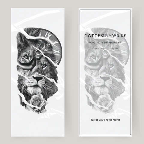 Großes Fake-Tattoo mit Löwe und Uhr