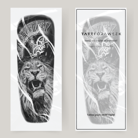 Tatuaje falso en manga león rugiente y reloj
