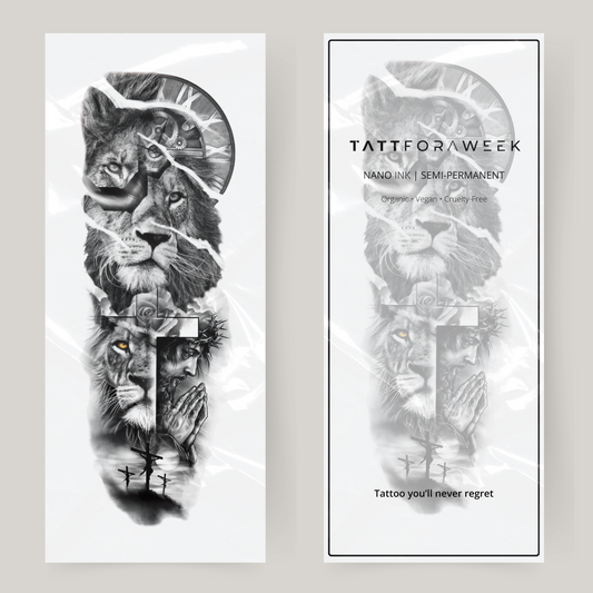 Fałszywy tatuaż na rękawie z lwem, wiarą i zegarem