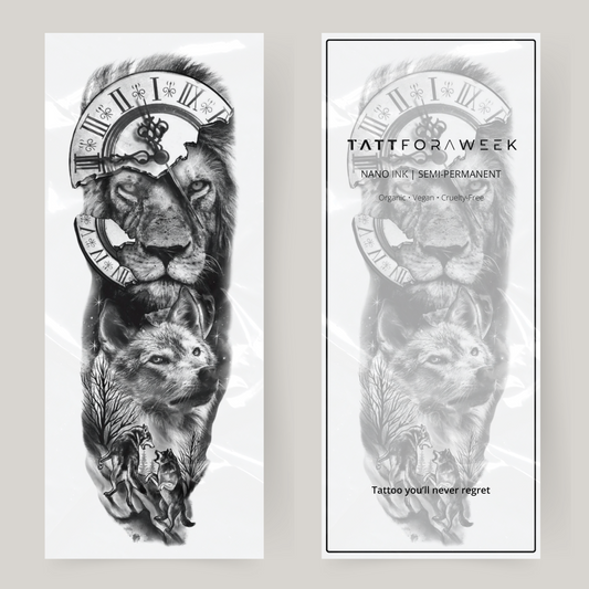 Tatuaje falso en manga león y zorro