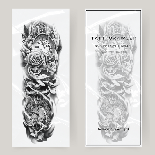 Fałszywy tatuaż na rękawach z różami, czaszkami i dzwonkami